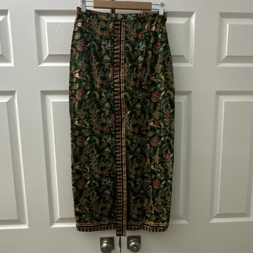 Vintage Javanese/Indonesian Batik  Cap Skirt Hand Stamped Green Floral Boho Chic